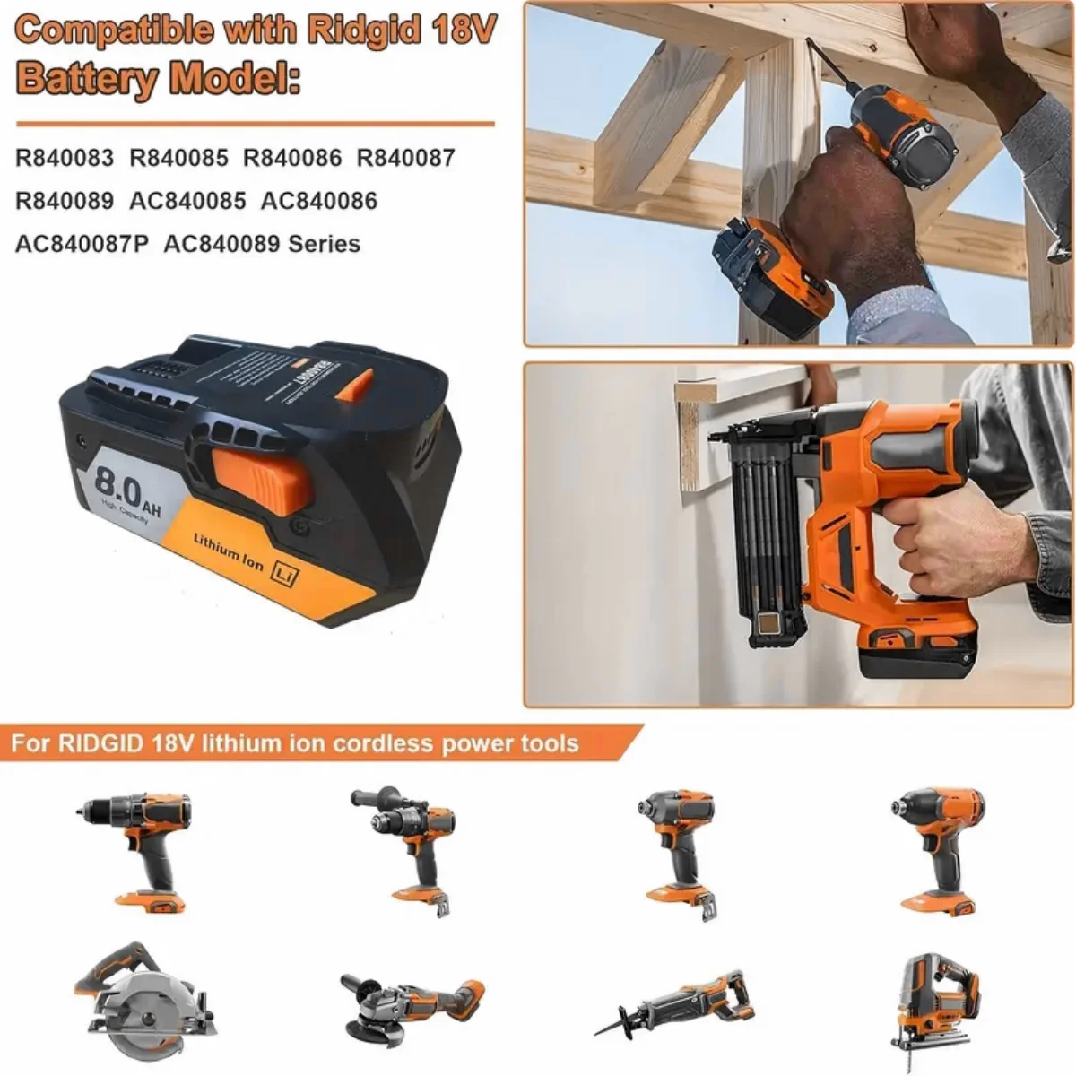 1/2/4PACK R840087 18V 8000mAh Reemplazo de batería de litio para RIDGID 18V R840083, R840085, R840086, R840087, R840089, AC840085