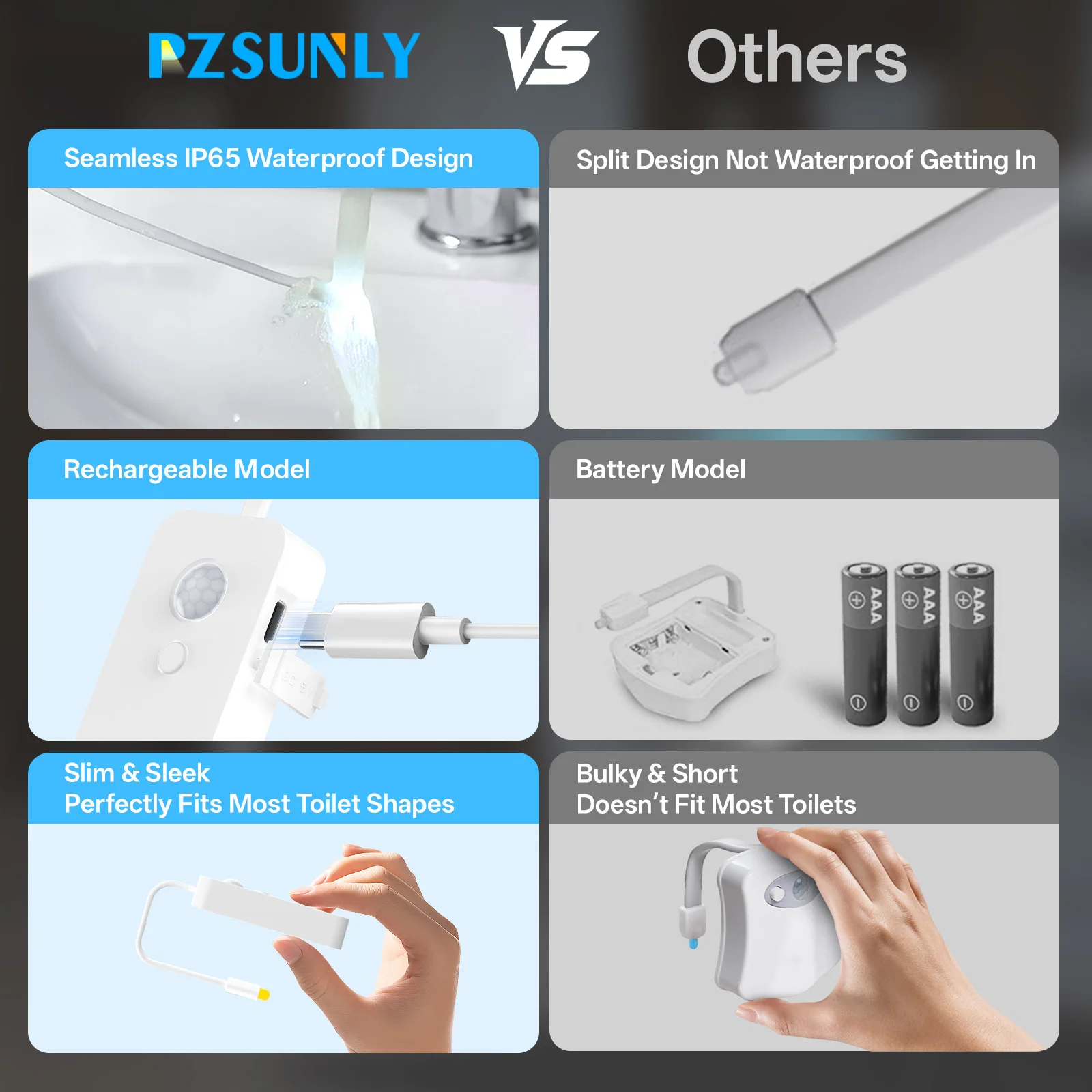 Bild 3: PZSUNLY Bewegungssensor LED Toiletten-Nachtlicht USB Wiederaufladbar 16 RGB IP65 Wasserdicht Biegbares Badezimmer-Ambientlicht Toilettenlampe für Ältere Kinder Familiengeschenk