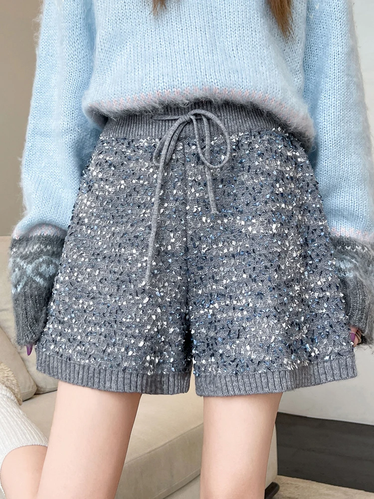 가을과 겨울에 입는 여성용 작은 향기 스타일 스팽글 니트 반바지, 루즈핏 다용도 A라인 와이드 레그 바지