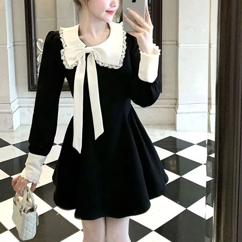 Aura Stylish Bow Mini Dress Female Clothing French Style Doll Collar Spring Autumn New Lace Spliced Elegant A-Line Sweet Dresses