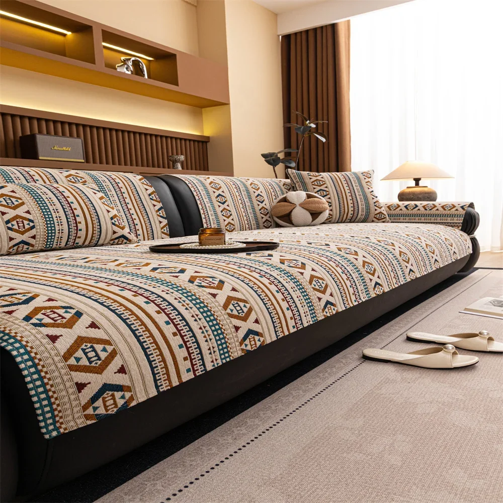 Retro Chenille Sofa Cushion Cover Non-Slip Fixed Straight Row Cloth for All Seasons Universal Sofa Slipcover
