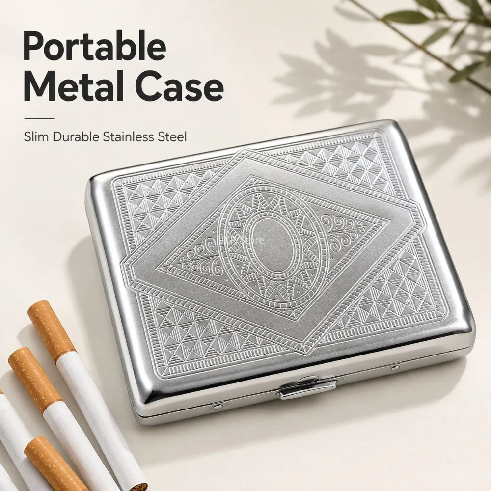 Stainless Steel Cigarette Box Embossed Portable Metal Case Storage Holder Smoking Accessory for Men Women Travel Daily Carry view 3