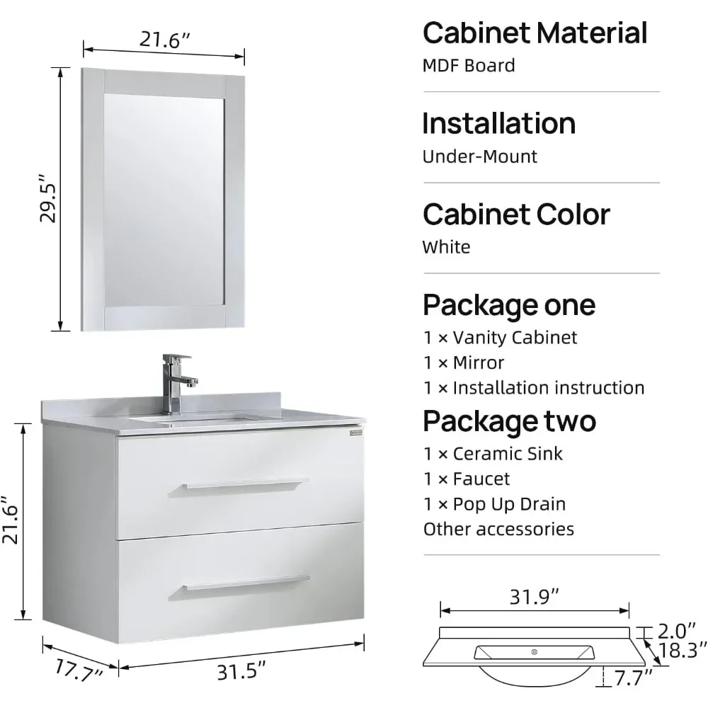 32 Inch Floating Bathroom Vanity with Sink & Drawers, Undermount Sink Faucet Mirror, Modern Wall Mounted Small Bathroom Vanity