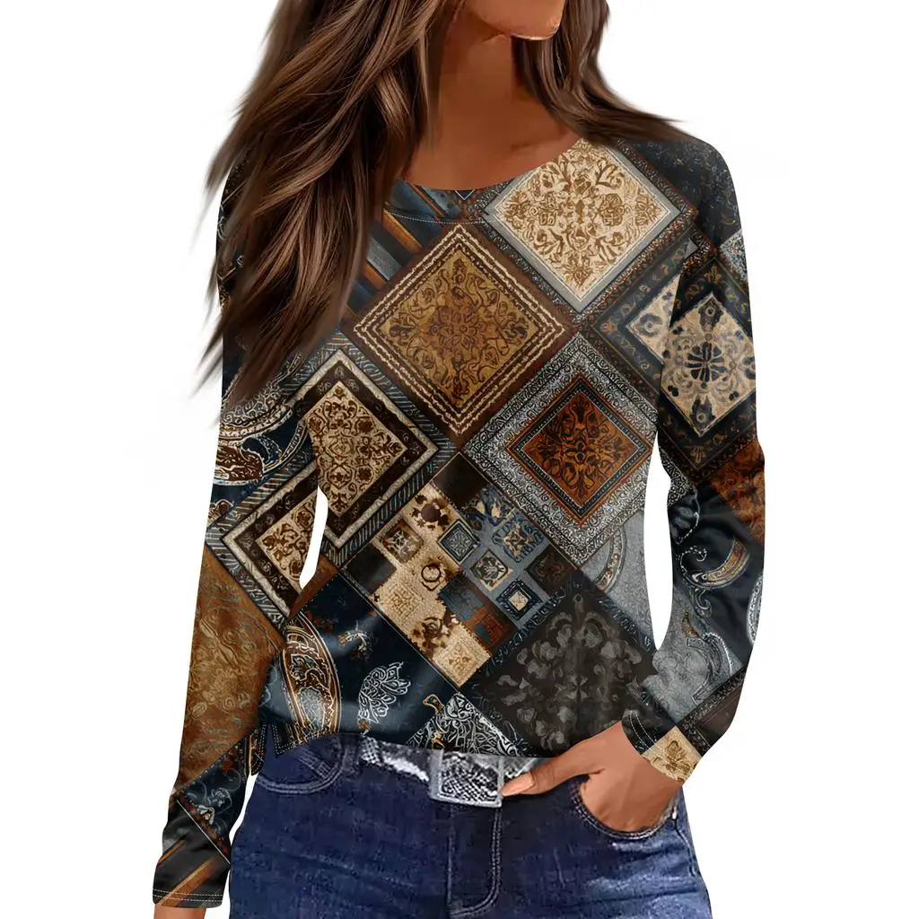 

Women's basic long-sleeved T-shirt, round neck, irregular geometric print, plain top, everyday pullover, party versatile T-shirt