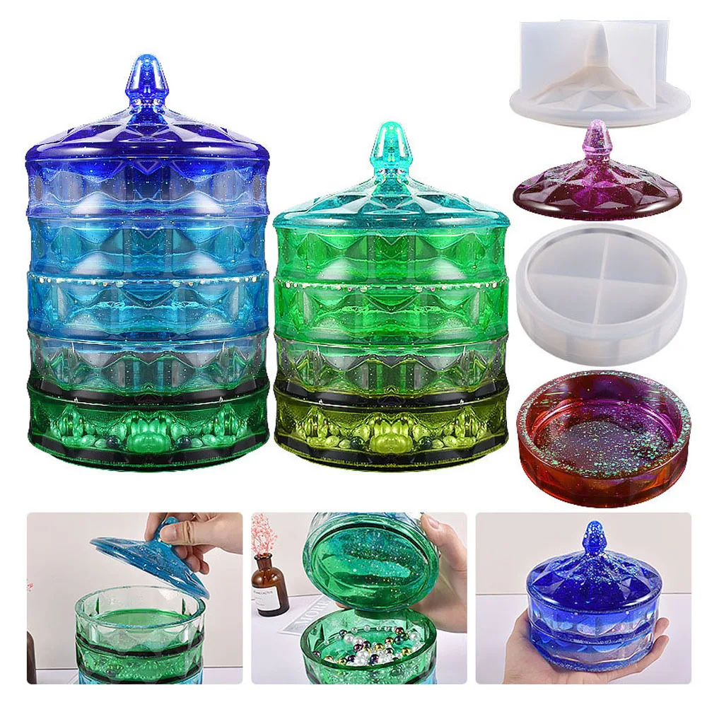 

Jewelry Storage Box Resin Mold Diamond Pattern Multi-Layer Overlapping Round Storage Tank Silicone Mold for DIY Handcarfts Tools