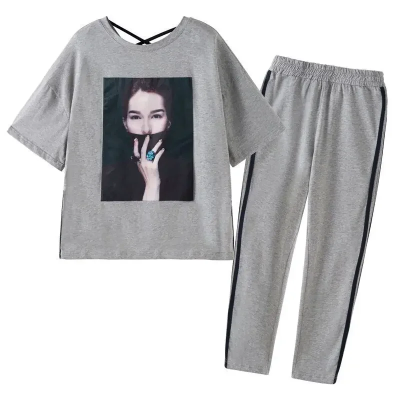 

2024 Spring Summer New Womens Suit Oversized Sports And Leisure Suit Covering Meat Loose T-shirt Fashion Pants Two Piece Sets