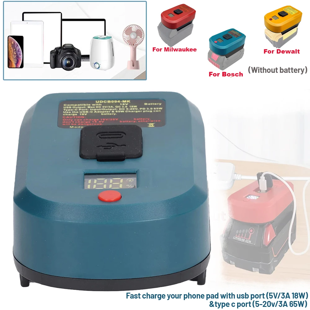 

65W Battery Converter Adapter with Type-C Port and USB Port Portable Quick Charge Adapter for Makita/Dewalt/Milwaukee/Bosch