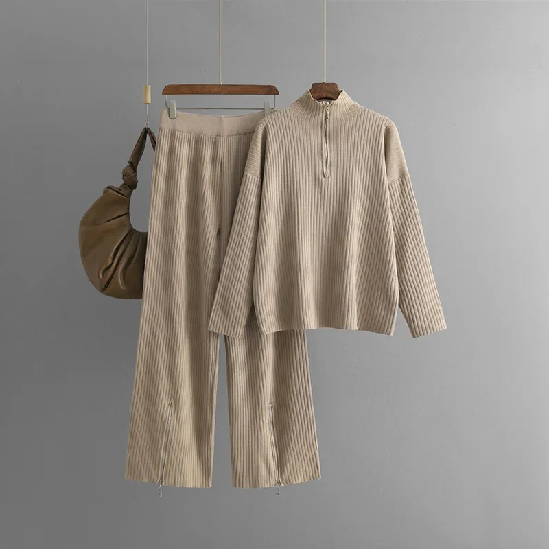 Chic Design Knitted 2 Piece Sets Casual Solid High Waist Sweatpants Outfit Women Zipper Turtleneck Knit Sweater Tops Conjuntos