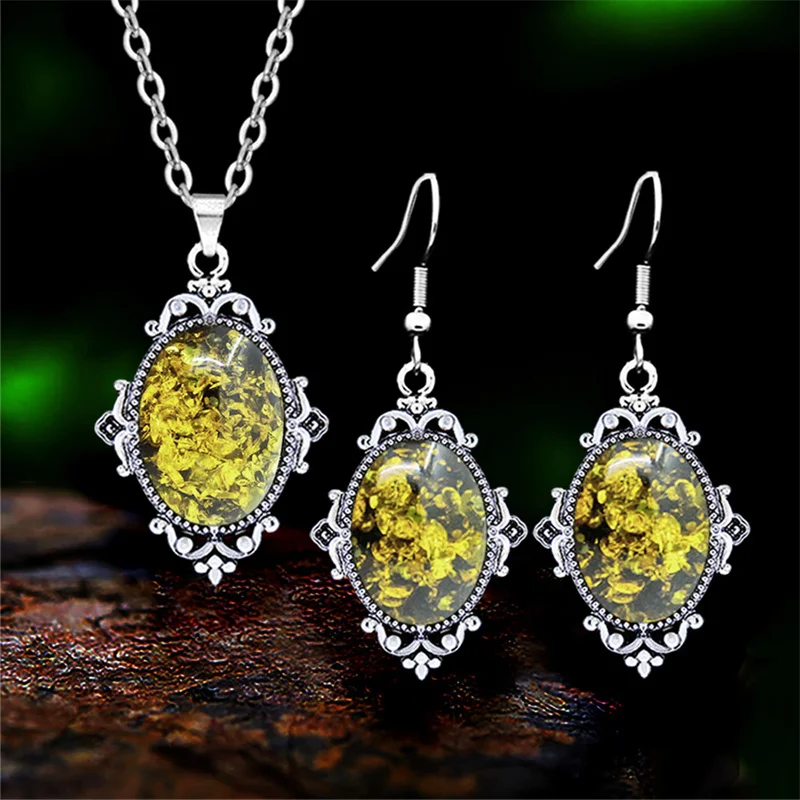 Vintage Leaf Pendant Synthetic Ambers Necklace Earring Sets Antqiue Silver Plated Flower Plant Fashon Jewelry Set