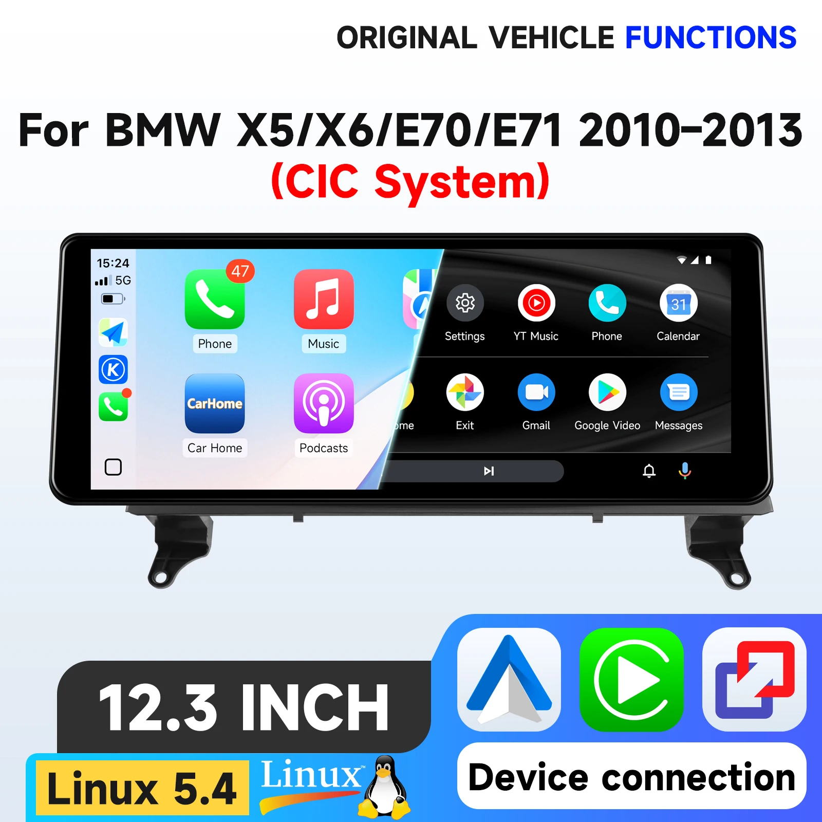 Hizpo 12,3'' Kabelloses CarPlay Android Auto Multimedia-Display für BMW X5 E70 X6 E71 2010-2013 CIC-System Touch-Display Airplay Autoradio-Player Stereo GPS-Navigation Audio Original Auto-CD-Player