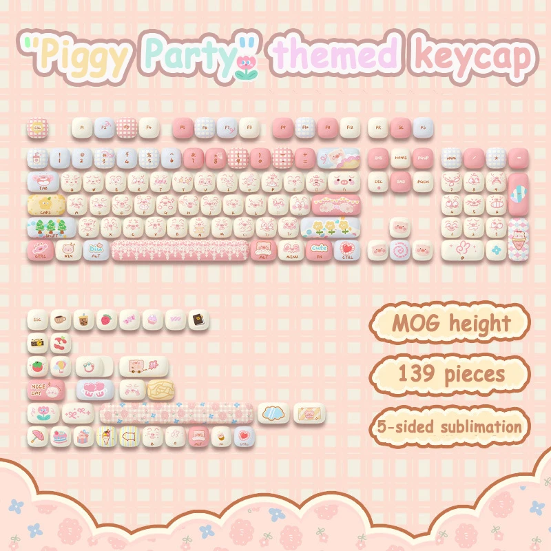 Kawaii Cartoon Theme Keycap Cute MOG 138keys Odporna na zużycie nasadka na klawisze Niestandardowa termiczna nasadka do sublimacji na akcesoria do klawiatury