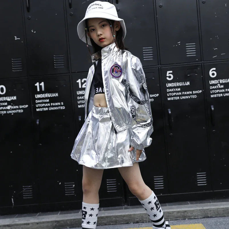 Boys Hip Hop Sliver Jacket Girls Jazz Joggers Pants Clothes Set Kids Sequins Street Dance Costumes Teen Shining Child Streetwear