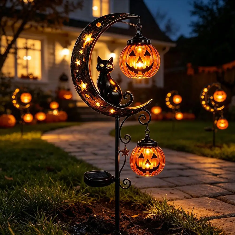 Halloween Schwarze Katze & Kürbis-Mond Gartenleuchte, Gartenlampe Dekoration, Outdoor Wasserdichte Metall-Kürbis-Pfahl-Deko – Detail 7