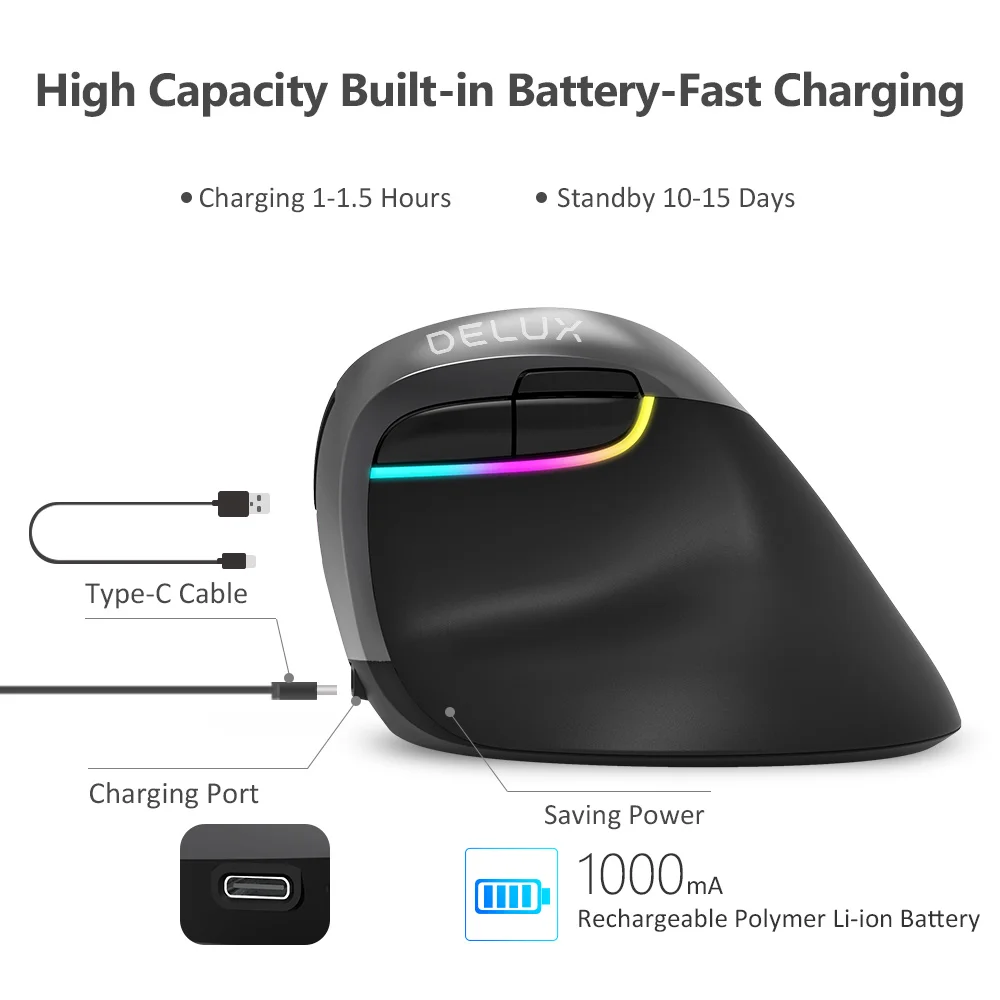 Delux M618 Mini BT 4.0+2.4GHz Tri-Mode Wireless Mouse Ergonomic Rechargeable Silent Click Vertical Mice For Computer