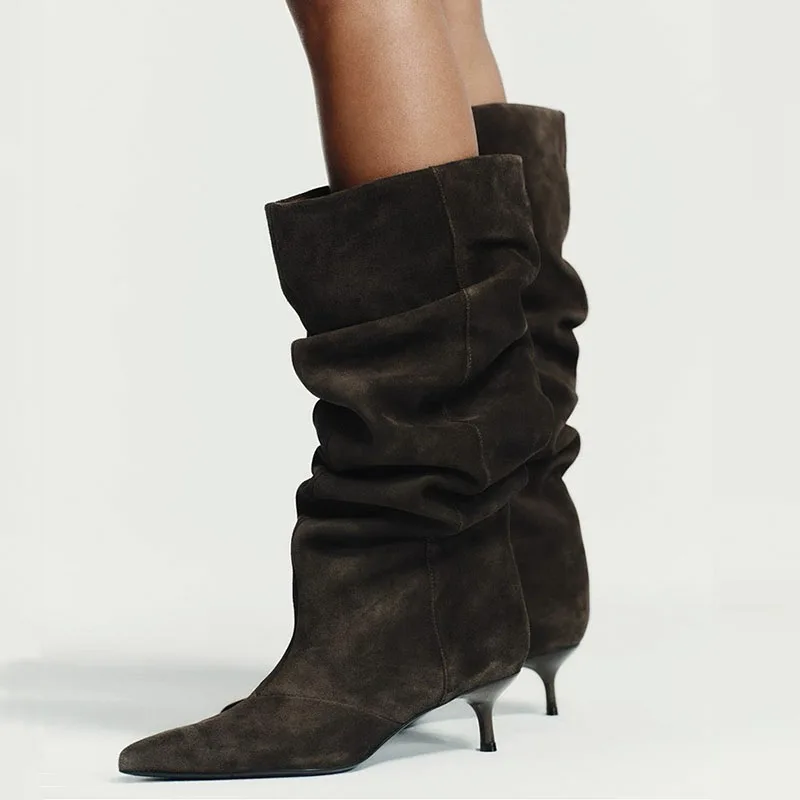 

2026 New Fashion Pleated Footwear With Low Heel Shoes Women Knee High Boots Female Pointed Toe Ladies Long Booties Slip On Shoes