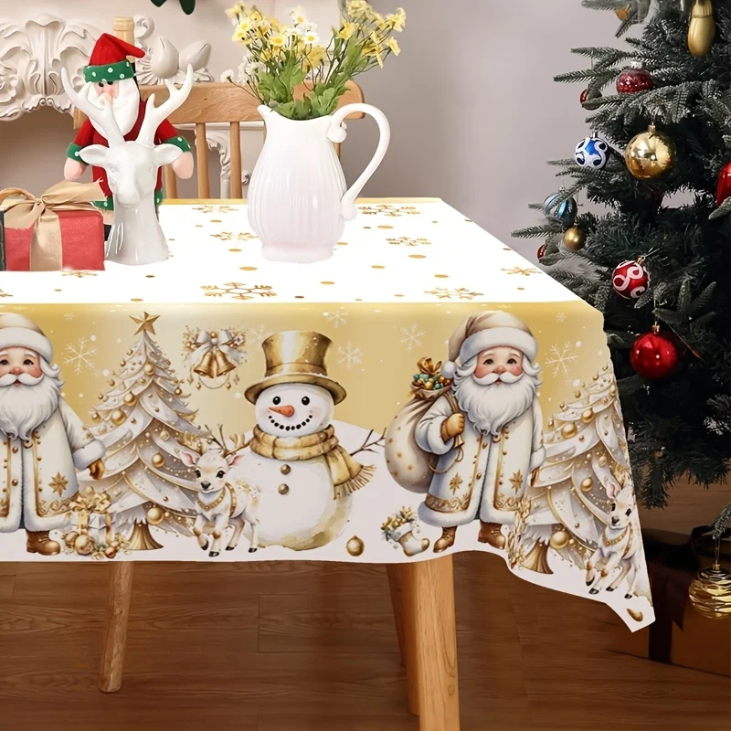 1pc Christmas Disposable Tablecloth, Golden Santa Claus Xmas Tree & Snowman Pattern Plastic Tablecover, Vintage Christmas Decora