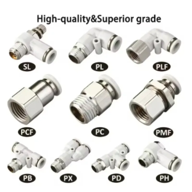 Industria White Air Hose Quick Coupling Fittings PC/PCF/PL Tube Connector 4mm-10mm Hose & 1/8