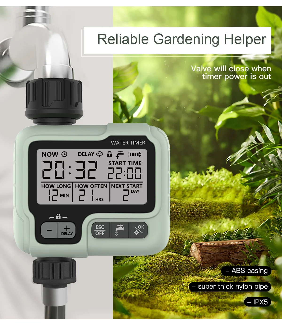 Temporizador automático de água para jardim, Máquina de irrigação digital, Aspersor inteligente usado ao ar livre para economizar água e temporizador