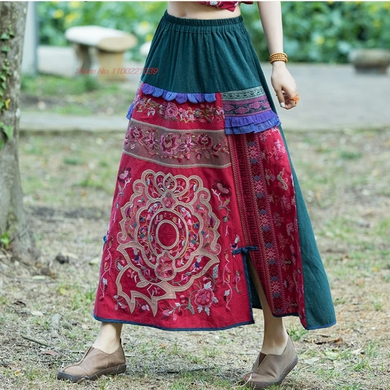 2025 chinese vintage ethnic skirt national flower embroidery cotton linen patchwork skirt traditional improved folk a-line skirt