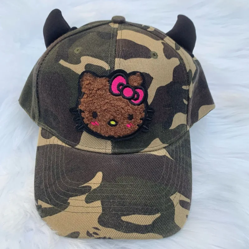 Sanrio Camouflage Hellokitty Y2k Cappelli da baseball Corno da diavolo Design Cappellini Hip Hop Stampa leopardata Cappelli retrò Donna Novità Cappellini Ragazze