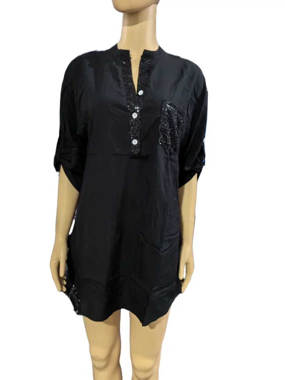 Camisa de algodón con cuello en V para mujer, Top informal de manga media con lentejuelas, cuello suelto, estampado de botones, bolsillo de protección solar, Verano