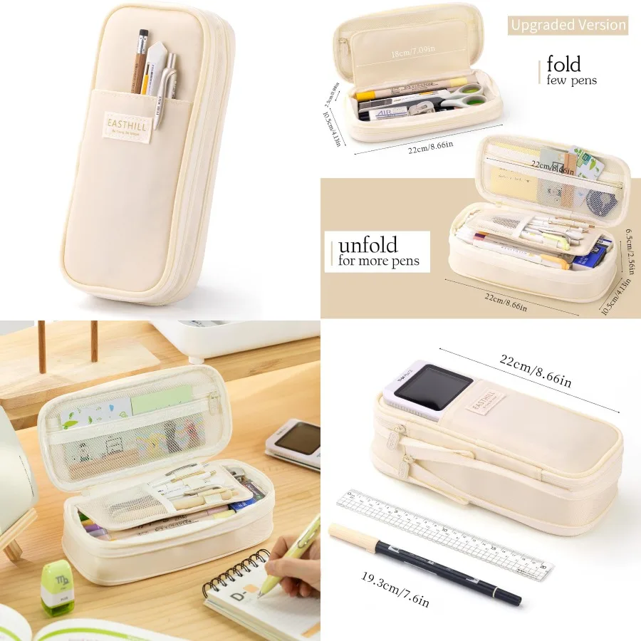 

EASTHILL Big Capacity Pencil Case Large Pencil Pouch Stationery Pen Bag for Teen Girls Cream - Ideal for School and Travel Spac