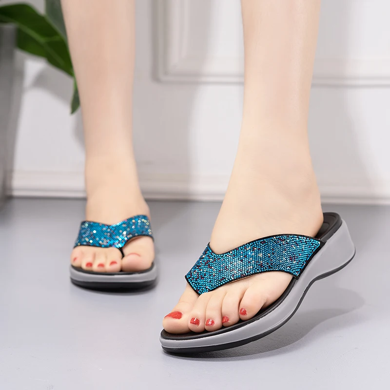 Rhinester Flip-flops Summer Shoes for Women Plus Size 41 Fashion Leather Flip-flops Female Flat Shoes Diamond Sandals