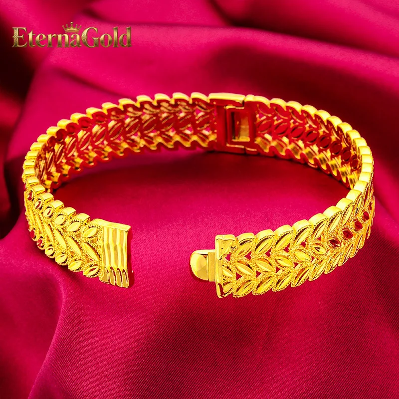 

EternaGold 24K gold wide-edged snap bracelet | AU999 full gold, three-dimensional leaf vein texture is lifelike