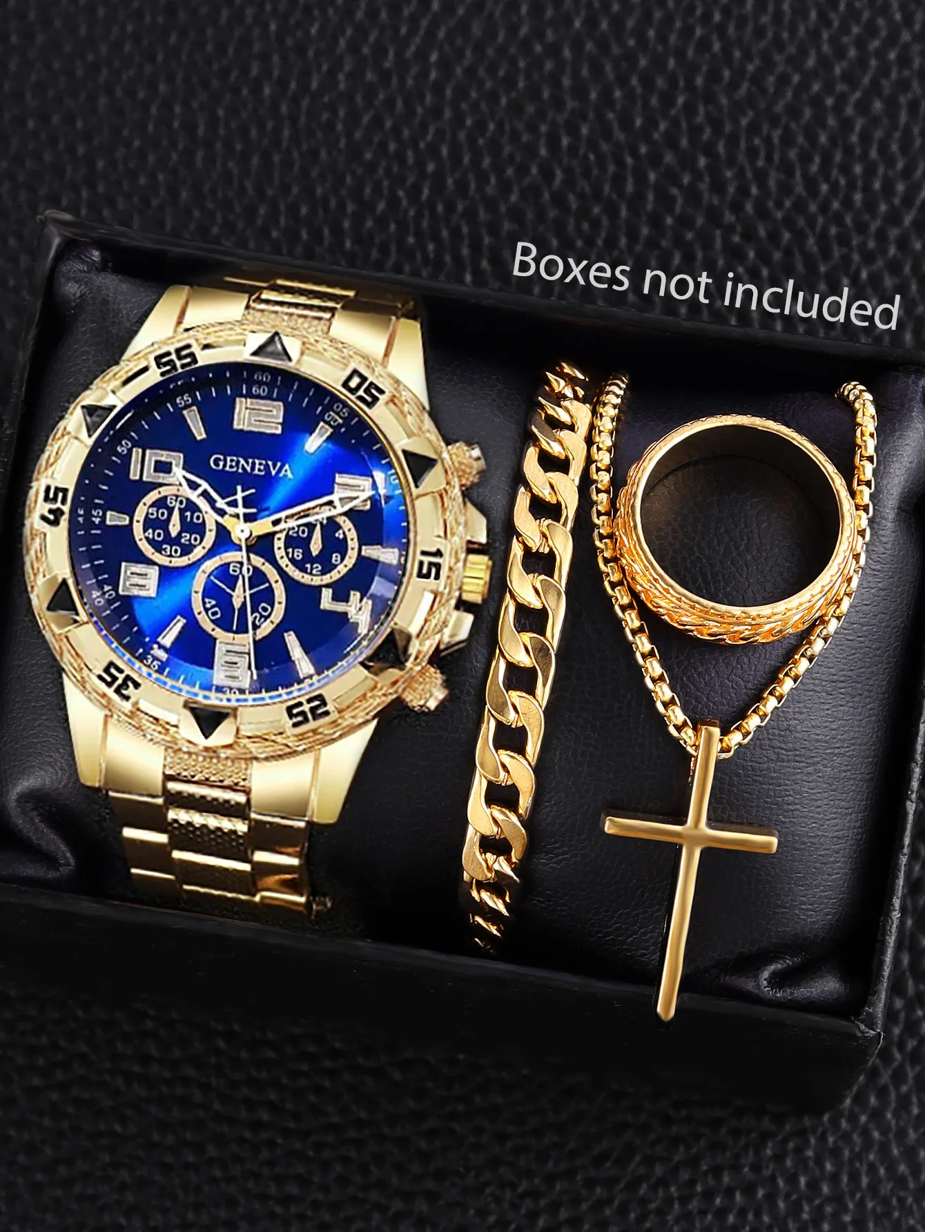 Gold Alloy Men's Business Steel Bracelet Quartz Watch and Chain Bracelet Necklace Ring Set - A Birthday Gift for Him