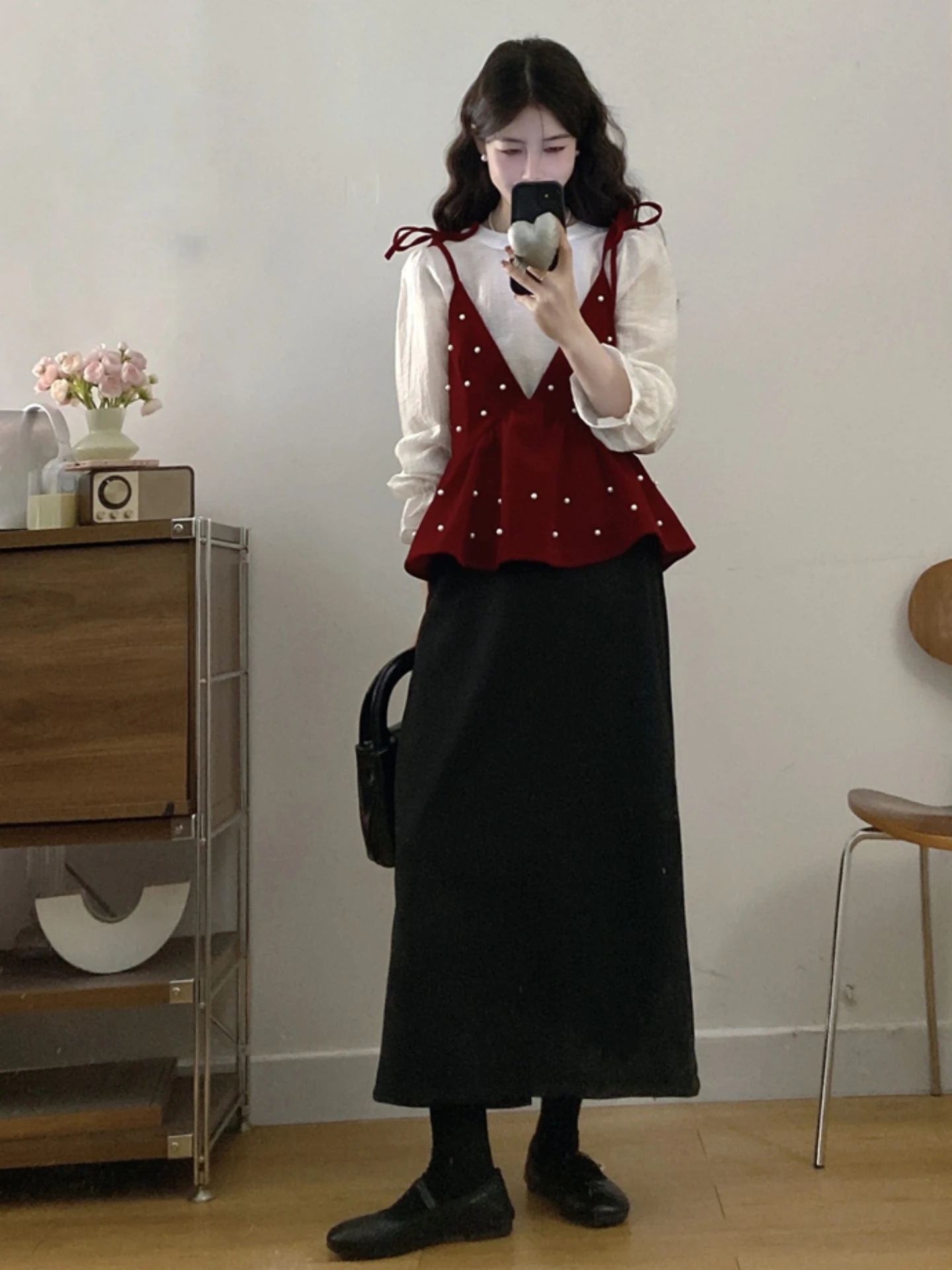 

Spring Autumn Set Women Large Size Micro Fat Mm Anti Aging High End Feeling Strap Vest Shirt Half Skirt Three Piece Set