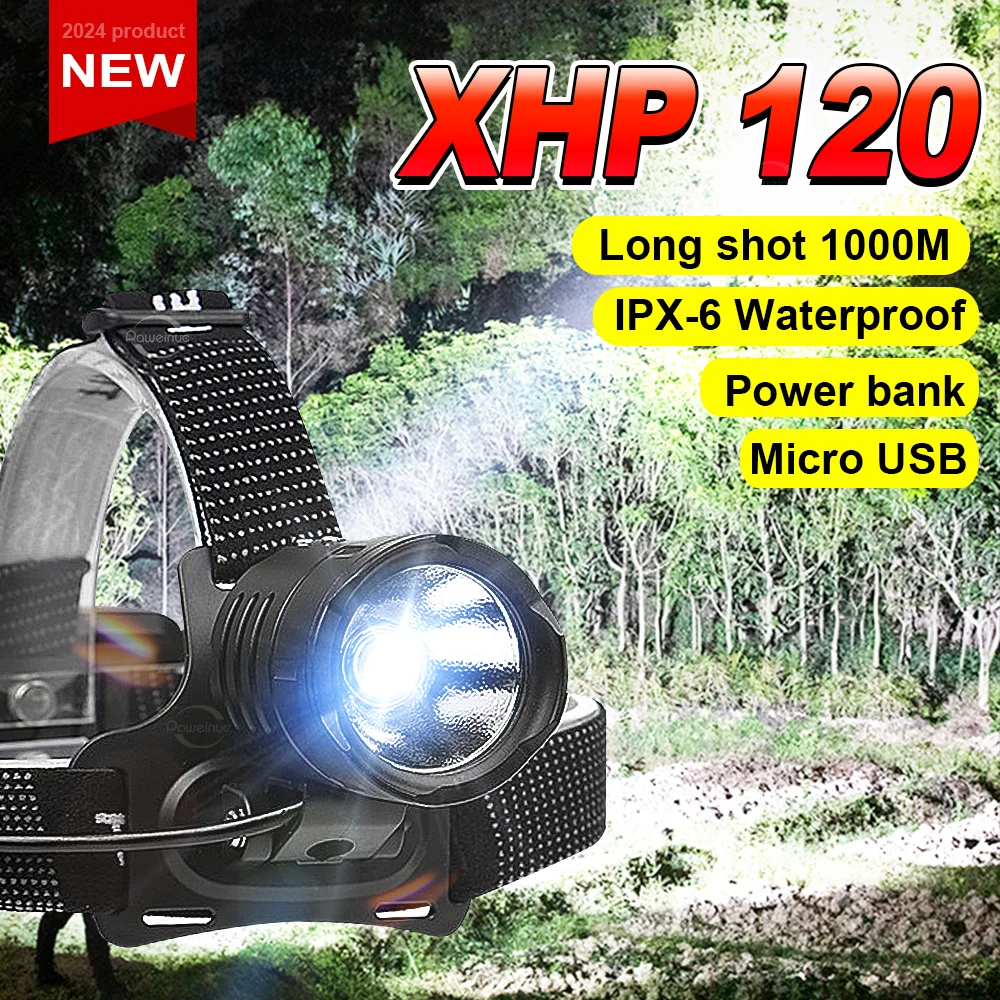 

Newly XHP120 High Power Rechargeable Led Head Flashlight Power Display Outdoor Fishing Headlamp IPX-6 Waterproof Head Lantern