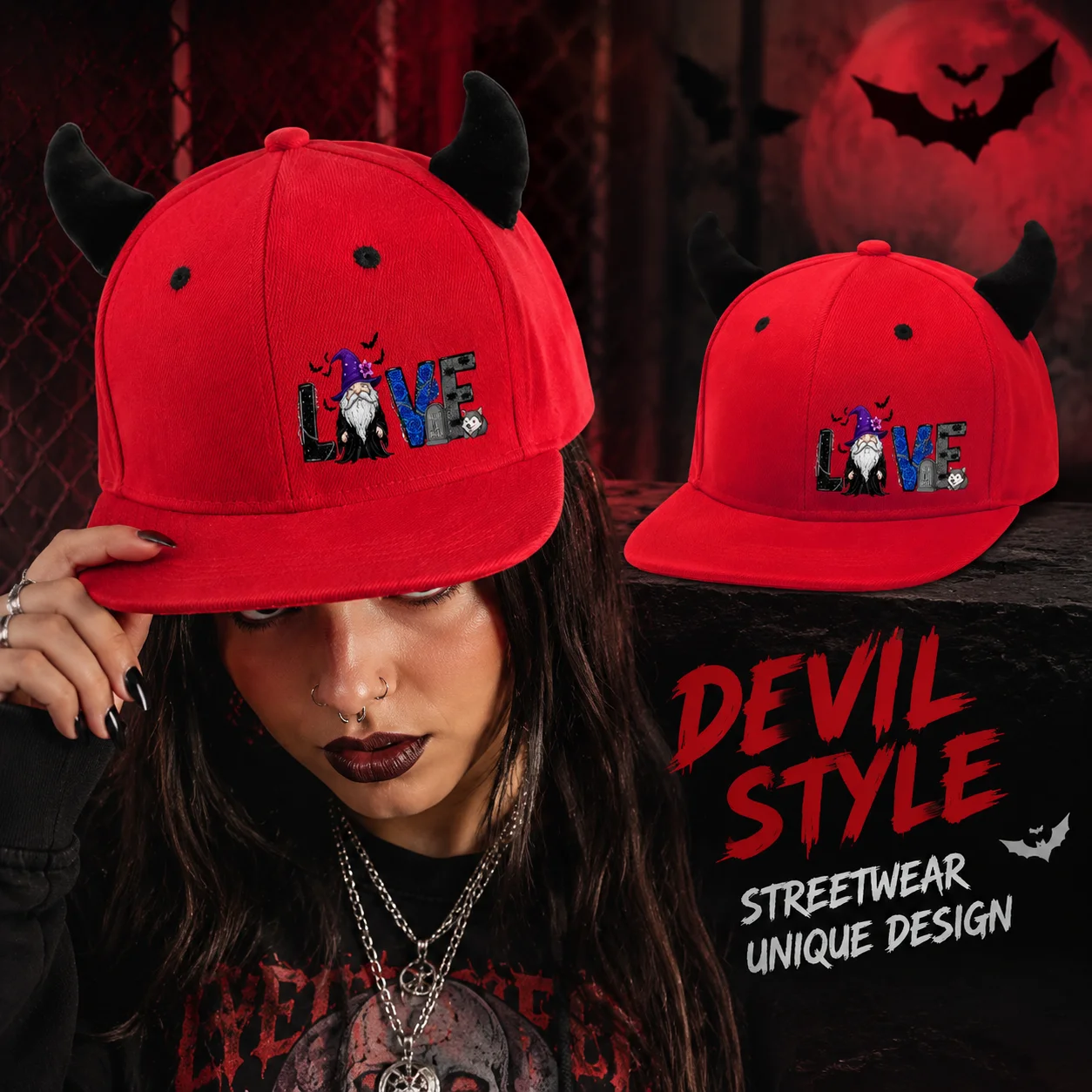 1 Devil's Corner baseball cap, Halloween love letter printed flat edge buckle hat, hip-hop style men's and women's hats