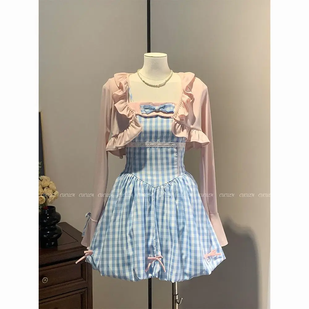 

Japan Bow Gentle And Sweet Bud Pink Dress Knitted Sunscreen Blue Plaid Suspender Skirt Shawl