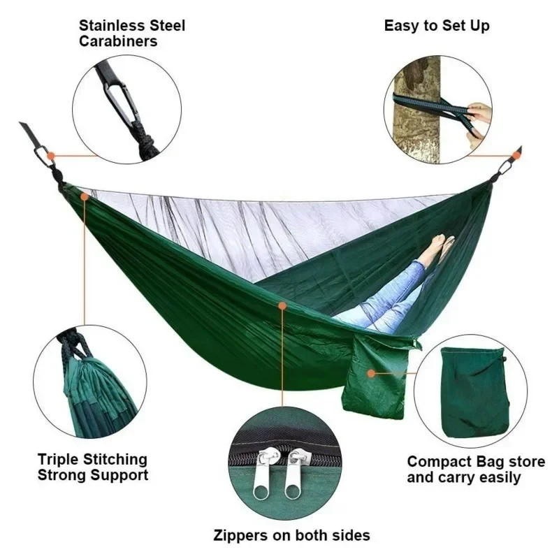 Camping Hammock with Mosquito Net Portable Parachute 6 Ring Strap Double Travel Hammock,outdoor Backpacking Hammock Swing Chair