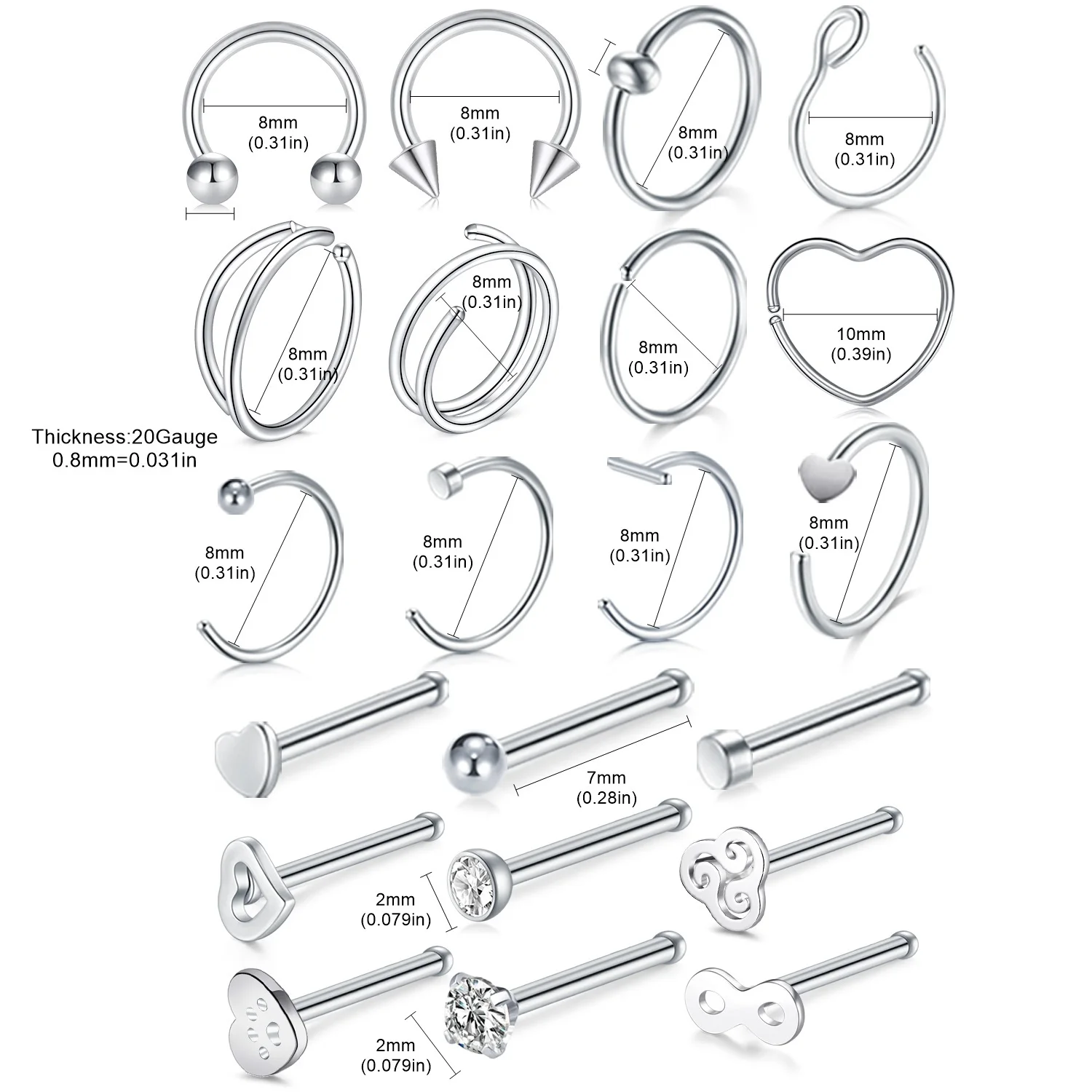 مجموعة حلقات أنف مكونة من 21 قطعة من طراز Punk Style للنساء والرجال - 304 من الفولاذ المقاوم للصدأ، لمسات زركونيا مكعبة، مثالية للارتداء اليومي والهدايا