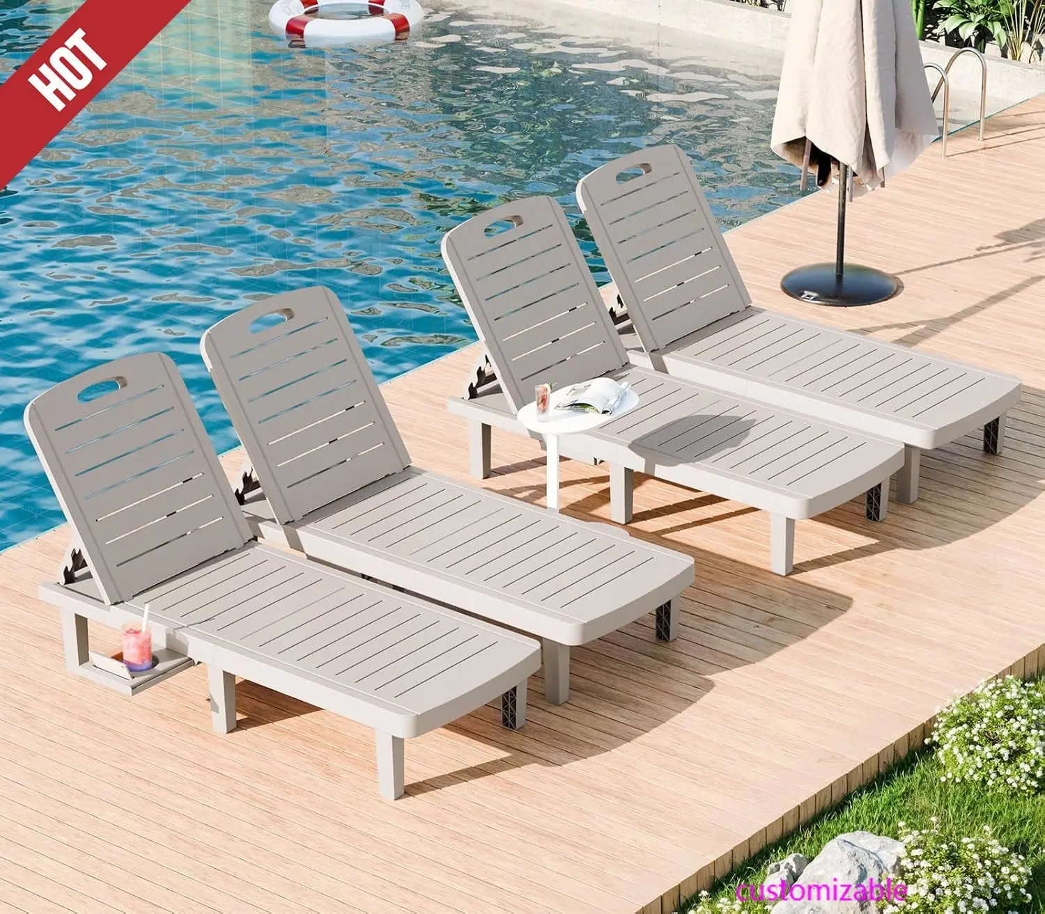 

Набор шезлонгов для улицы, 4 шт., большие шезлонги с 5-уровневой регулируемой спинкой, патио, пляж, двор, серый