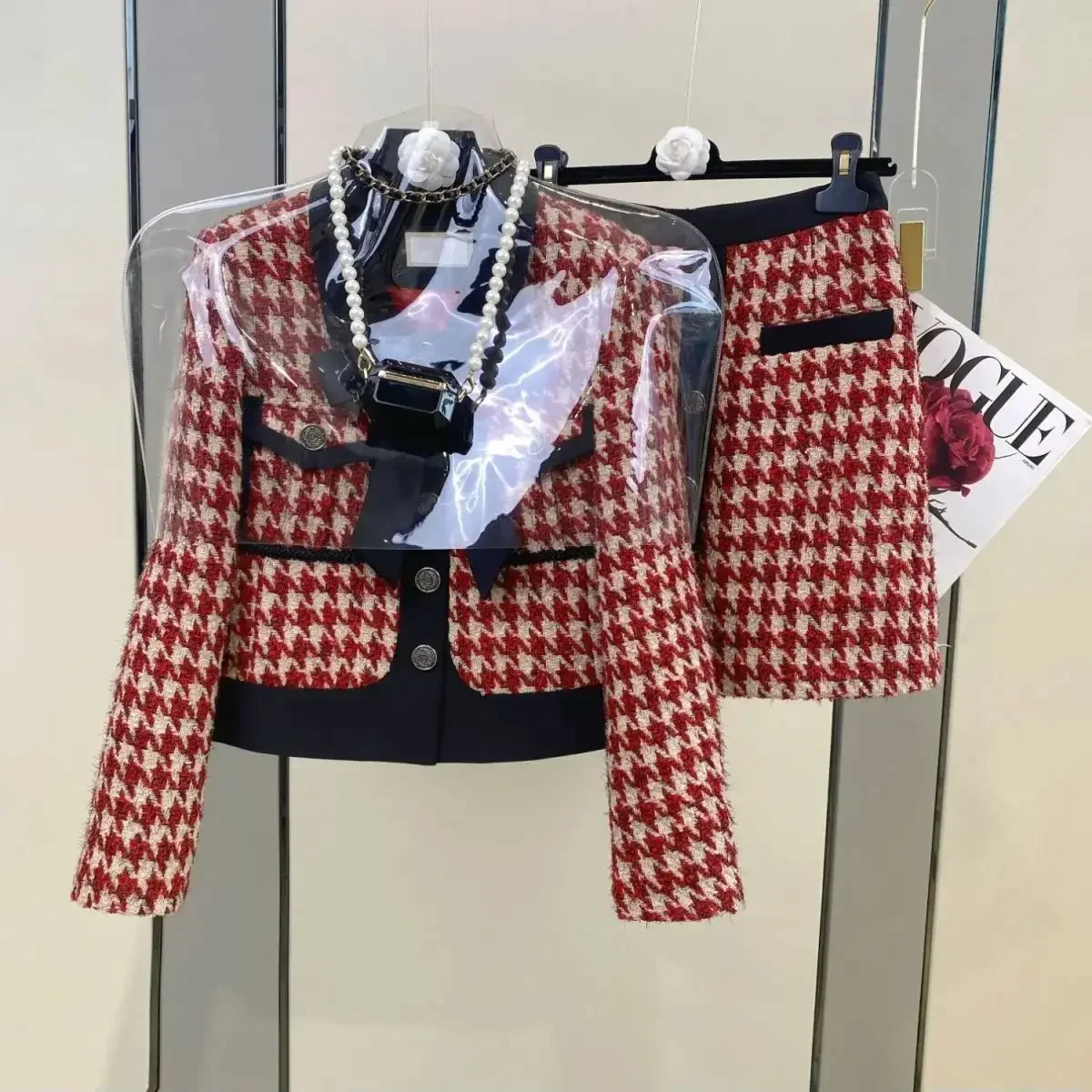 Women Elegant Christmas Suit Jacke Coat Top and Mini Skirt Two Piece Set Matching Outfit Winter Houndstooth Red Workwearclothies