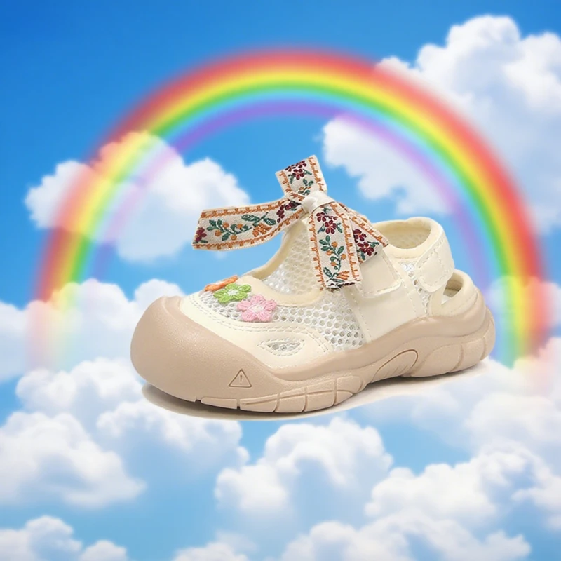 

Girls' Sandals 1-8 Years Old Pink Flower Bow Mesh Girls' Walking Shoes Summer New Beige Fashion Versatile Children's Sneakers