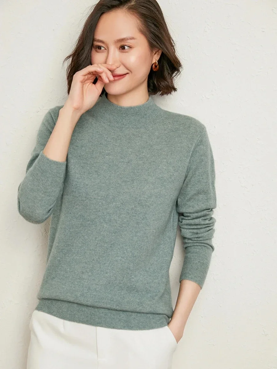 Casual Spring Autumn Women Sweater 2024 Knitted Pullovers Mock Neck Solid Cashmere Knit Basic Casual Bottoming Shirts Top Jumper