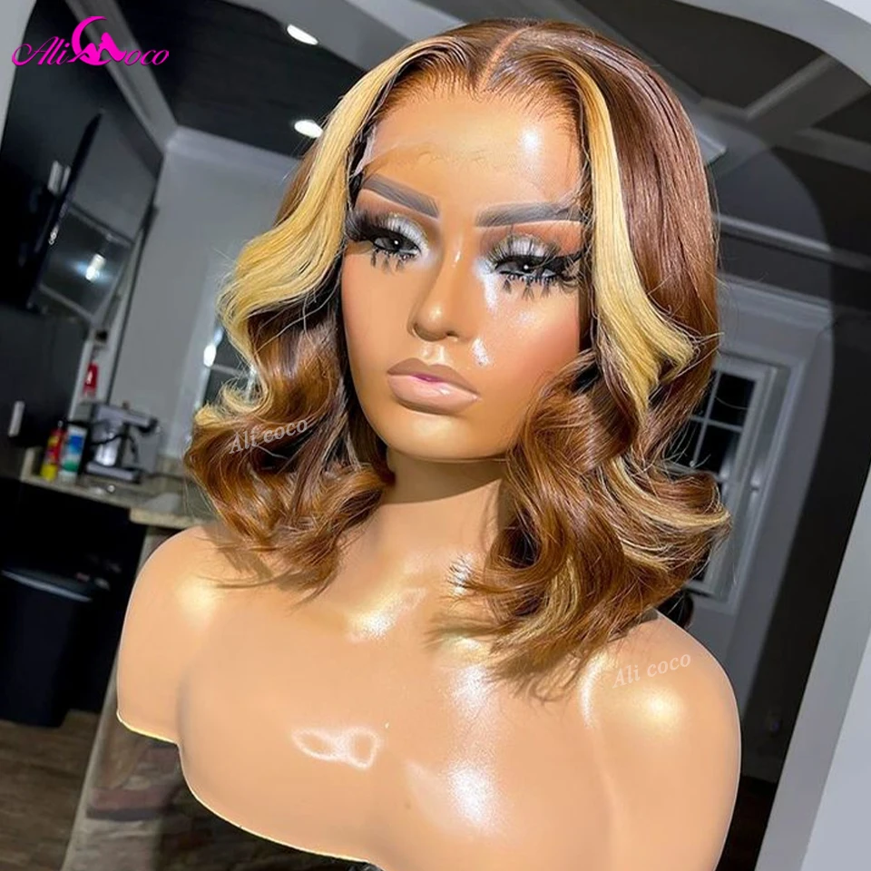 Bruin Met Blonde 13X4 Korte Bob Body Wave Lace Frontale Pruik Pretokkeld 180 Dichtheid Korte Bob Menselijk Haar Pruiken Voor Vrouwen