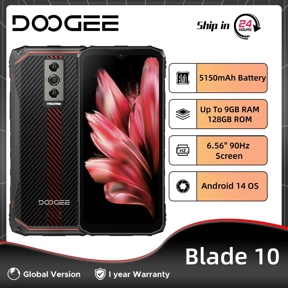 Doogee-Téléphone robuste Blade 10, écran IPS 90Hz, Android 14, 6.56 ", 128 Go, 5150mAh, Unisoc T606, déverrouillage du visage, ultra fin, version globale