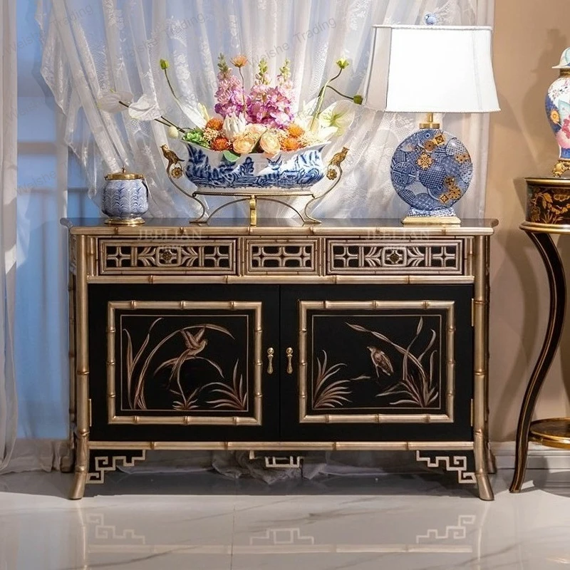 European luxury solid wood gold foil hand-painted orchid bird 1.4 meters bamboo joint locker foyer entrance cabinet