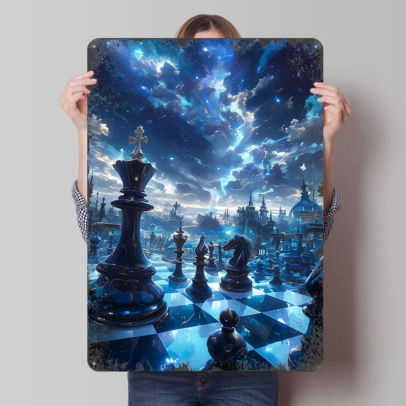 Chess in Space Galaxy Tinplate Poster Customized Wall Art Vintage Retro Metal Signs for Aesthetic Decoration Room Office Decor
