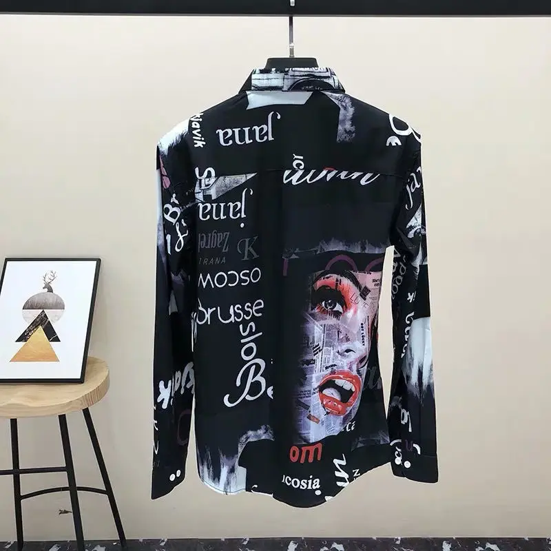 Men's flower shirt long sleeve Korean slim trend handsome retro casual floral shirt men's ice silk shirt
