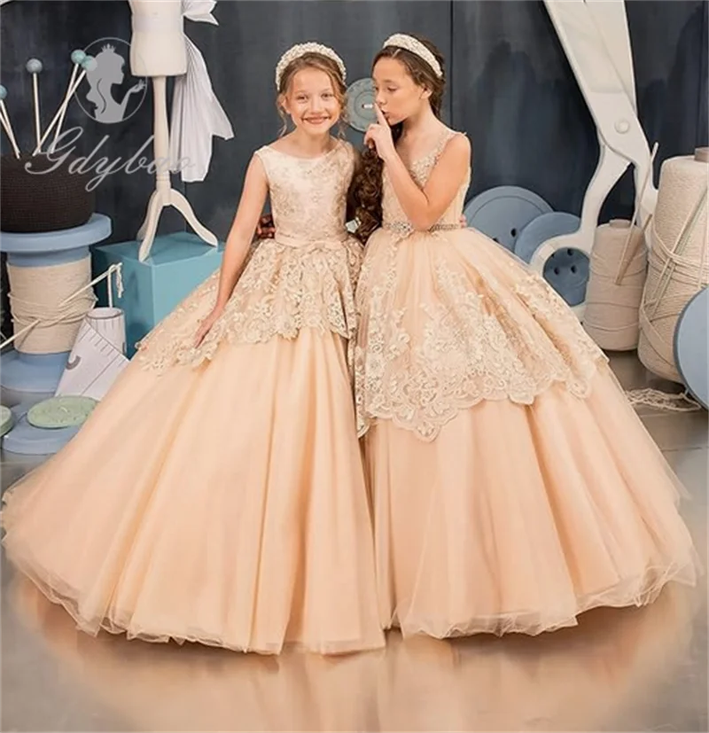 Lace Appliques Flower Girls Dresses Tulle Princess Wedding Pageant Ball Gown with Pearl Belt  Communion Birthday Party Dress