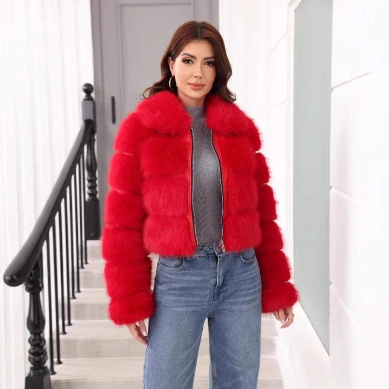 

2025 Fashion Red Grey Faux Fur Coat Women's Short Jacket Autumn Winter Fox Fur Outerwear Streetwear Lady Zip-up Slim Fur Jackets