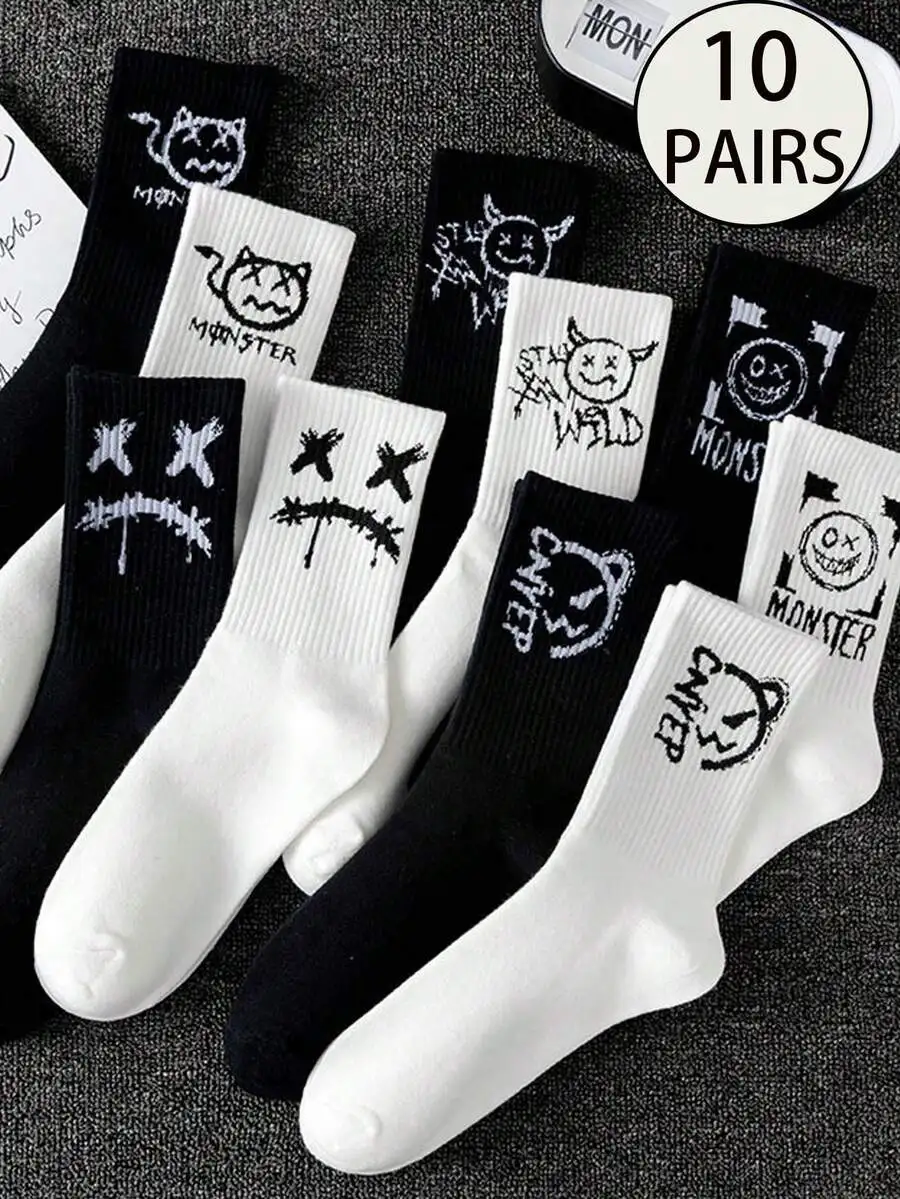 

10 Pairs Men Crew Socks With Ghost Face Graphic, Black And White, Casual Sport Everyday Wear