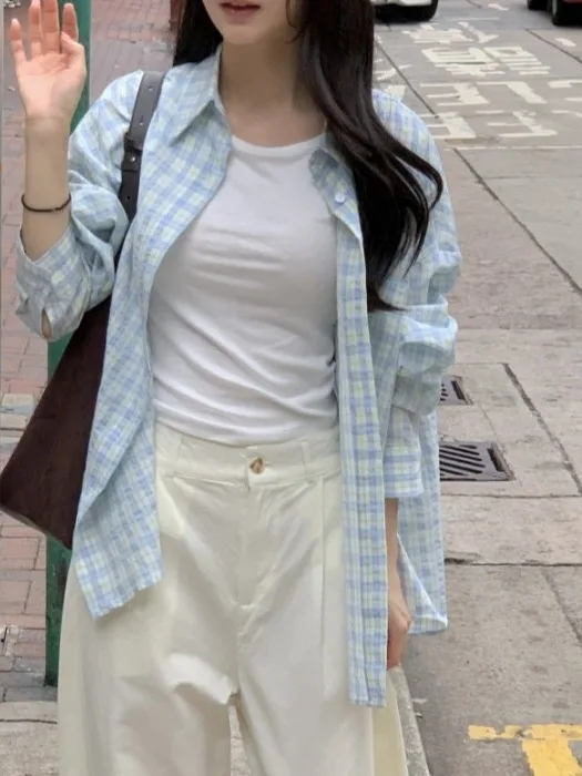 

Женская тонкая рубашка с длинными рукавами в корейском стиле, с защитой от солнца, с воротником, в клетку, модный повседневный кардиган на весну-лето