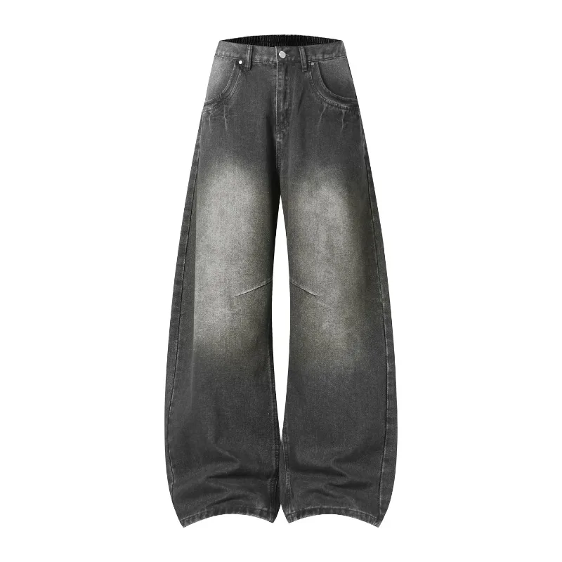 Men Retro Distressed Washed High Waist Wide Leg Jeans Trendy Curved Blade Casual Loose Denim Long Trousers