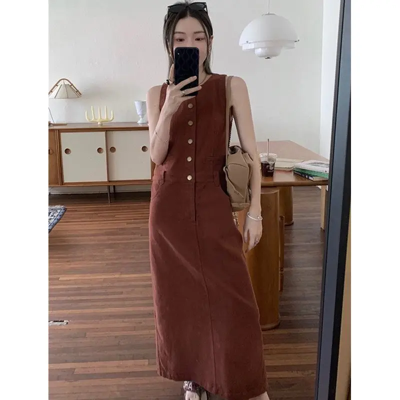 Sans manches 2025 mode gilets hauts Robe longue trajet col en V solide chemises décontractées Femininas femmes élégant boutonné longue Robe Wh1